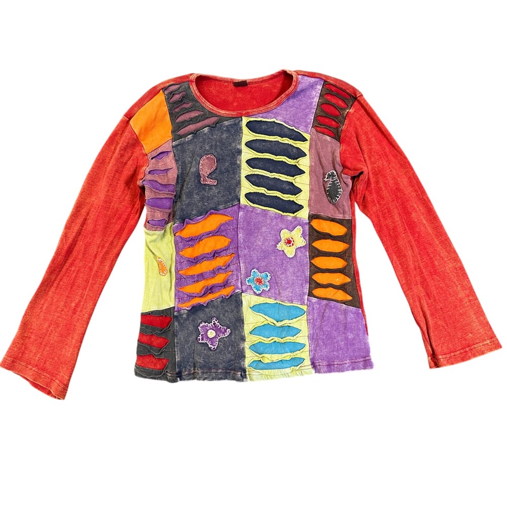 KPC Patchwork Boho Top Long Sleeve Cotton Applique Nepal Multi Color XXL